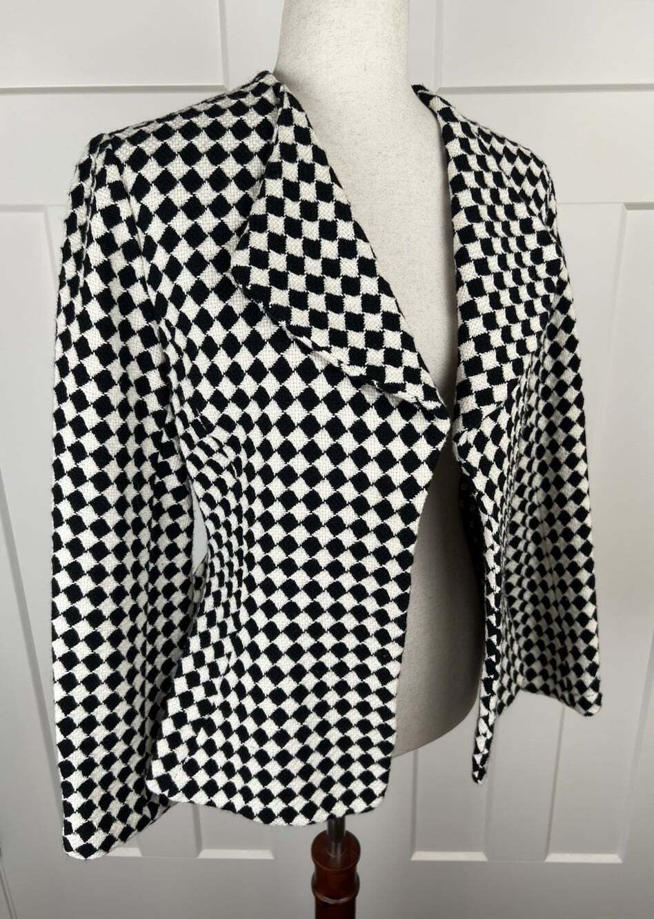 Lilith France Jacket S Black Cream Harlequin Cotton Wool Peplum Art to Wear - Picture 8 of 9